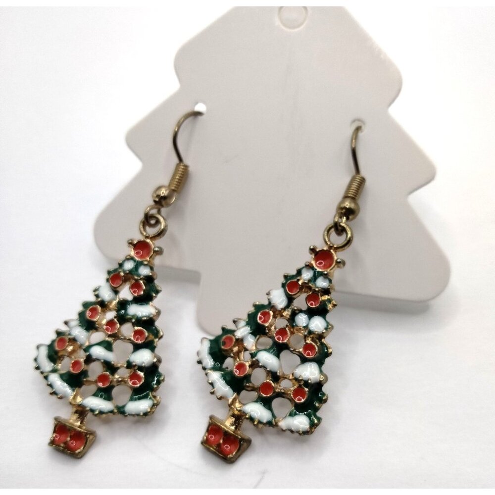 Christmas Tree Earrings Snow Accents